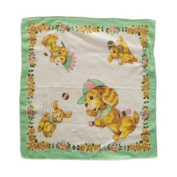 Children's Vintage Handkerchief Puppy Dog Playing Ball Circa 1950s Green Floral - Picture 1 of 7